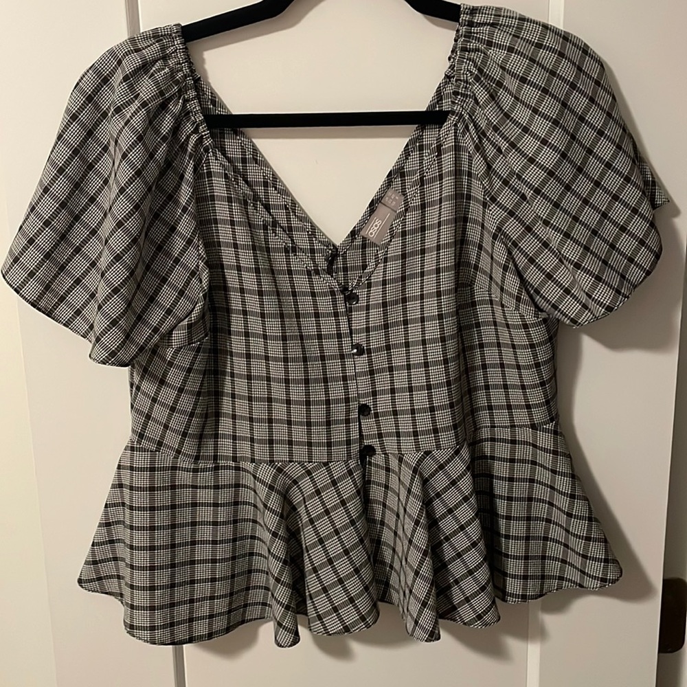 ASOS Peplum Top in Gray and Black Plaid Pattern